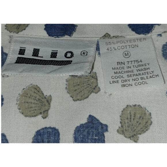 Ilio Button Up Shirt Cotton Blend White Gray Blue Seashell Design Womens Medium - Picture 5 of 5